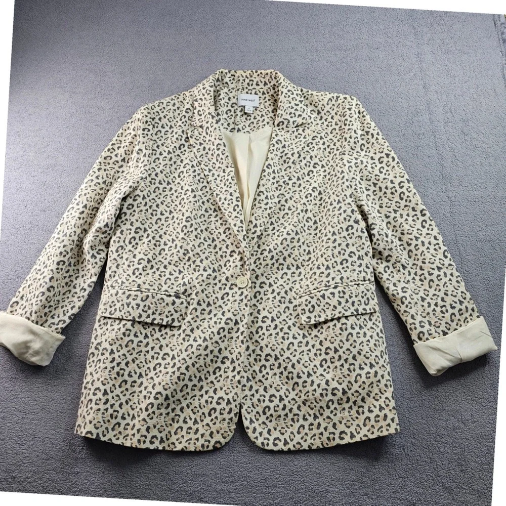 Nine West Blazer Jacket Women's 12 Beige‎ Black Leopard Print Formal Notch Lapel